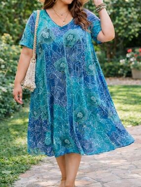 Anna Maxwell 100% Rayon Blue Teal Floral Dress Plus Size Flowy Lightweight